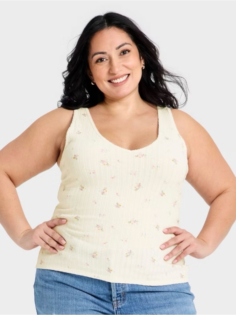 Universal Thread Cream Floral Ribbed V-Neck Tank